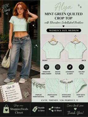 Alya Mint Green Quilted Crop Top with Rhinestone Embellished Neckline